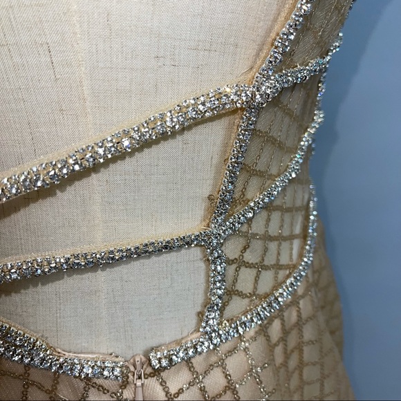 # Mac Duggal Gold Sequin Illusion Neck A Line Gown - Picture 11 of 17